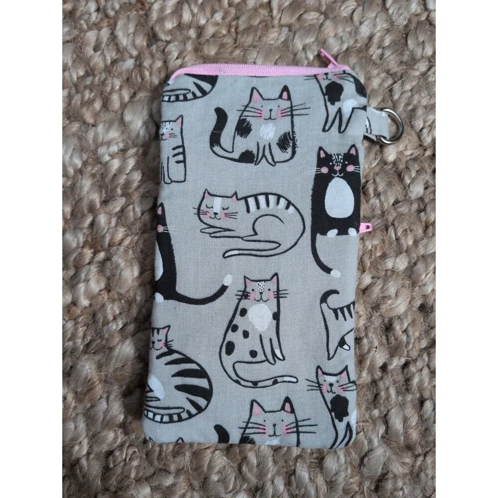 Glasses Case Hand Made Soft Cat Fabric Padded Lined Zip Outside Key Pocket